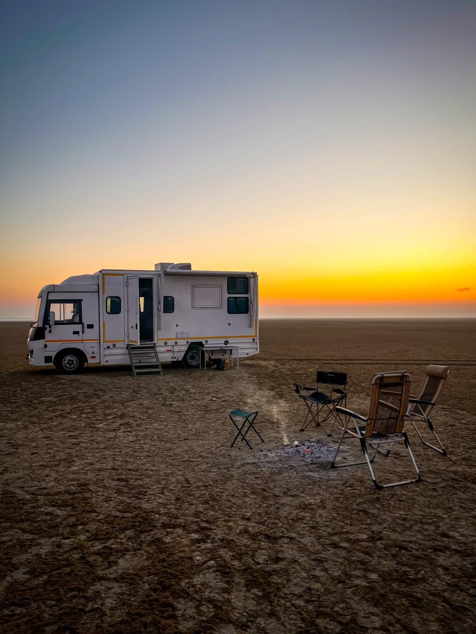 Desert camping with bonfire
