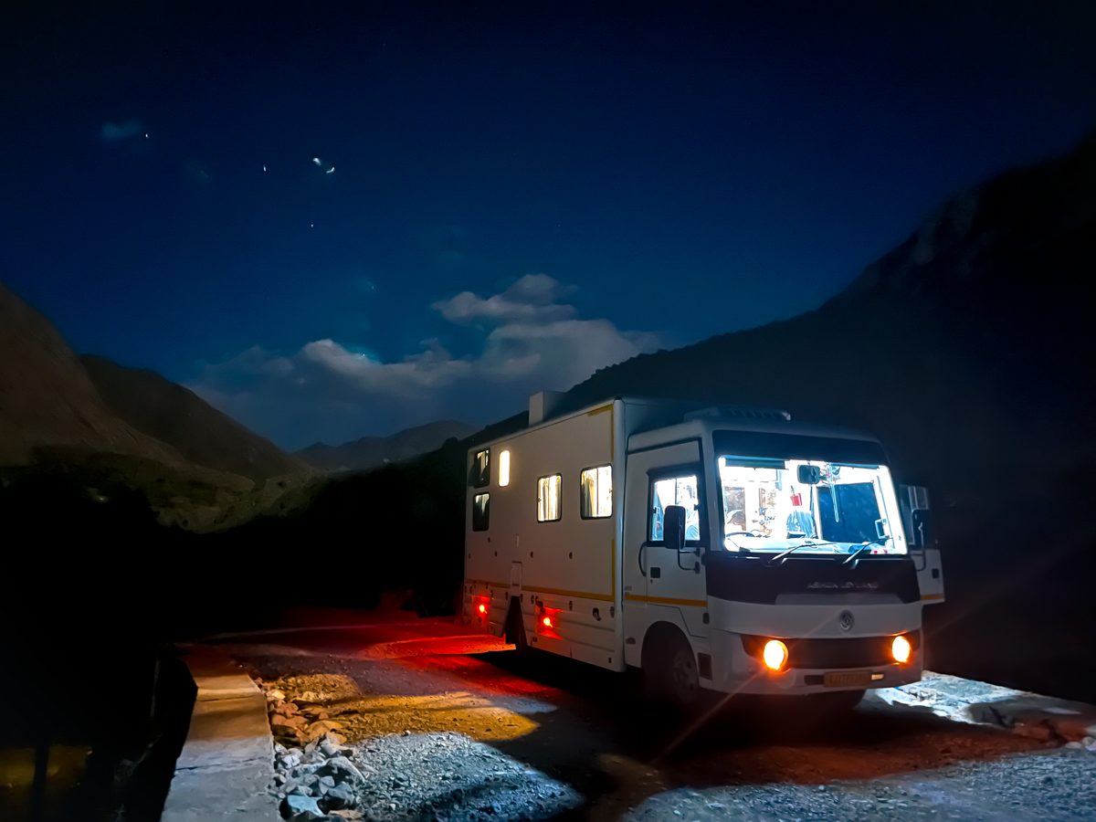 Caravan exterior at night